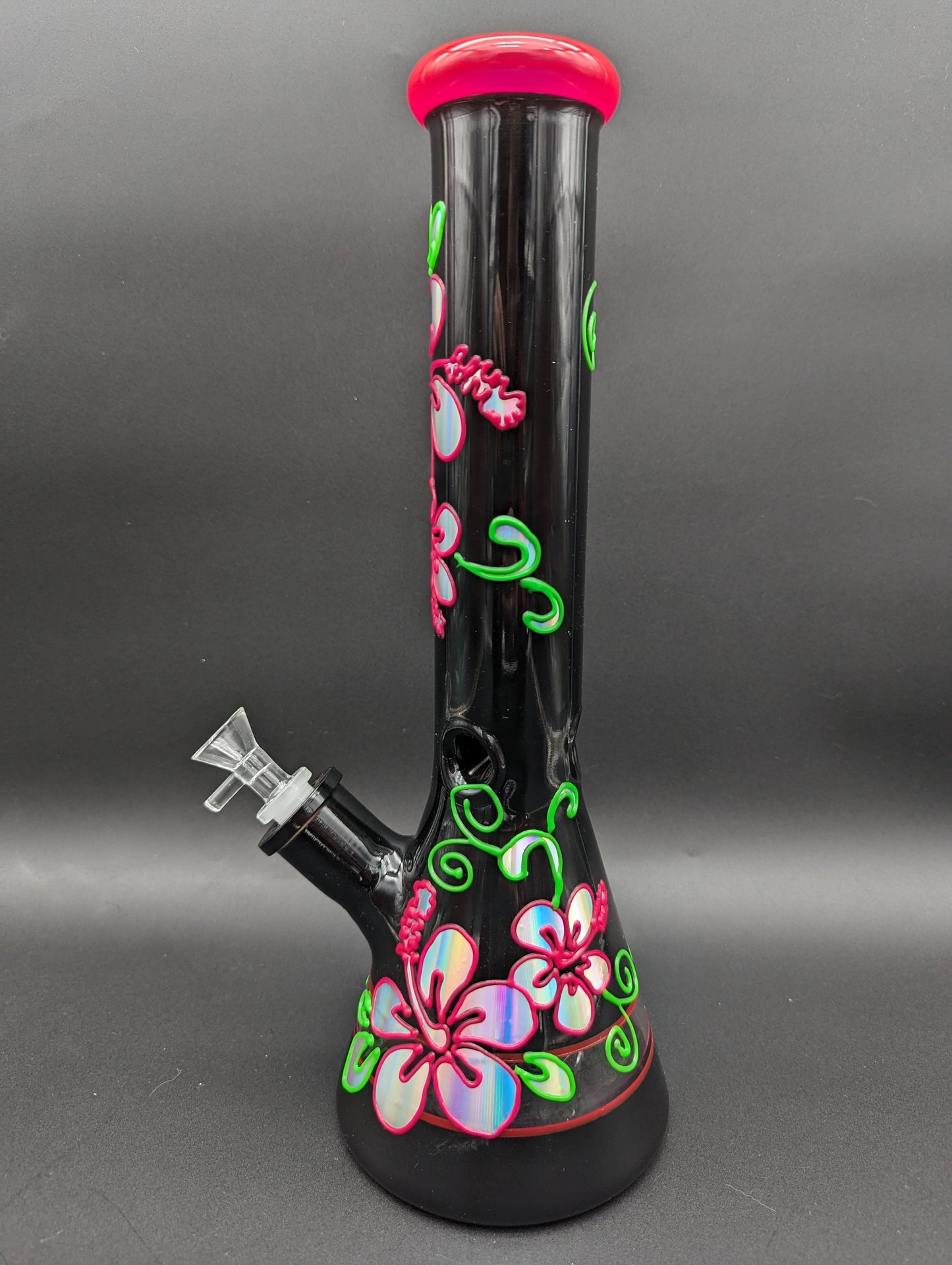 14" Black Glass Metallic Floral Beaker Bong