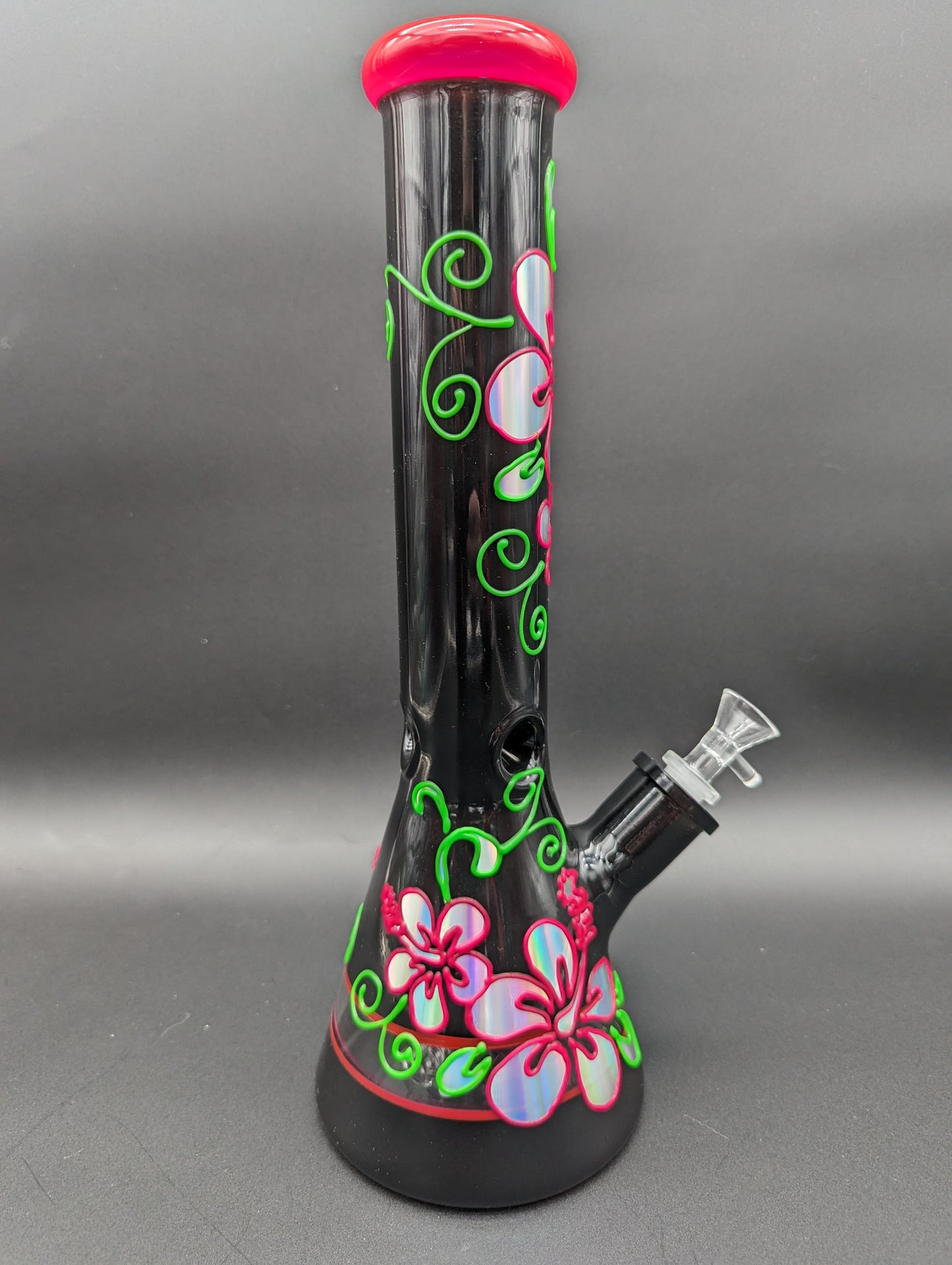 14" Black Glass Metallic Floral Beaker Bong