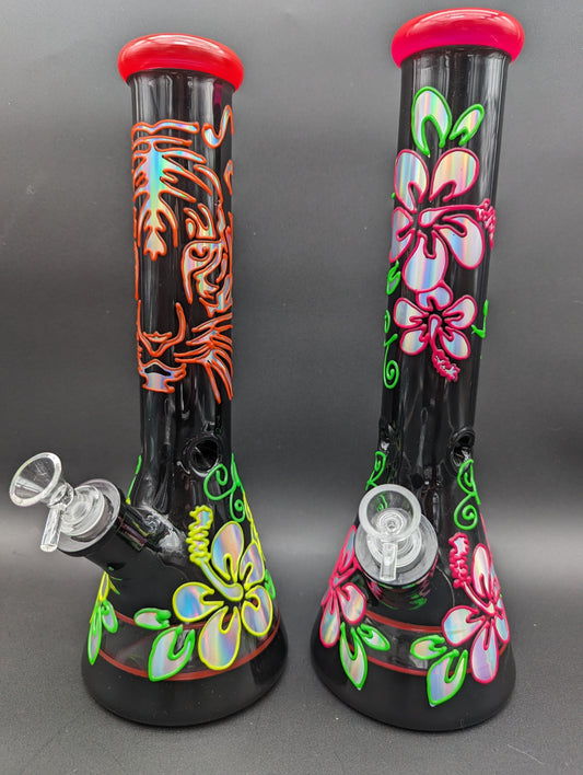 14" Black Glass Metallic Floral Beaker Bong