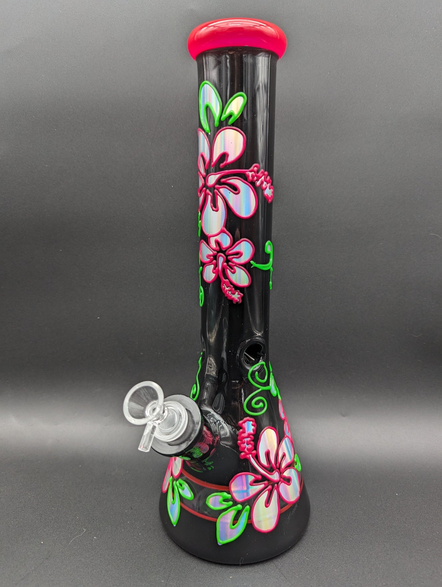 14" Black Glass Metallic Floral Beaker Bong