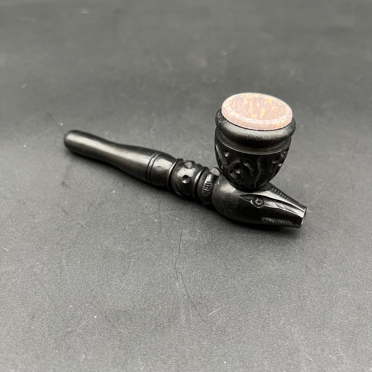4" Gothic Carved Wood Smoking Pipe w/ Stone Bowl