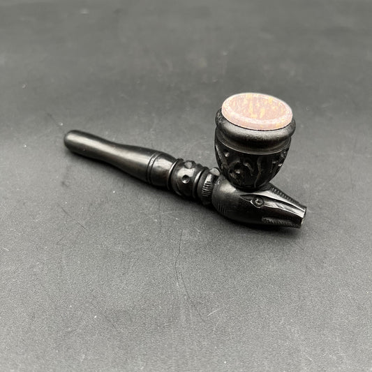 4" Gothic Carved Wood Smoking Pipe w/ Stone Bowl