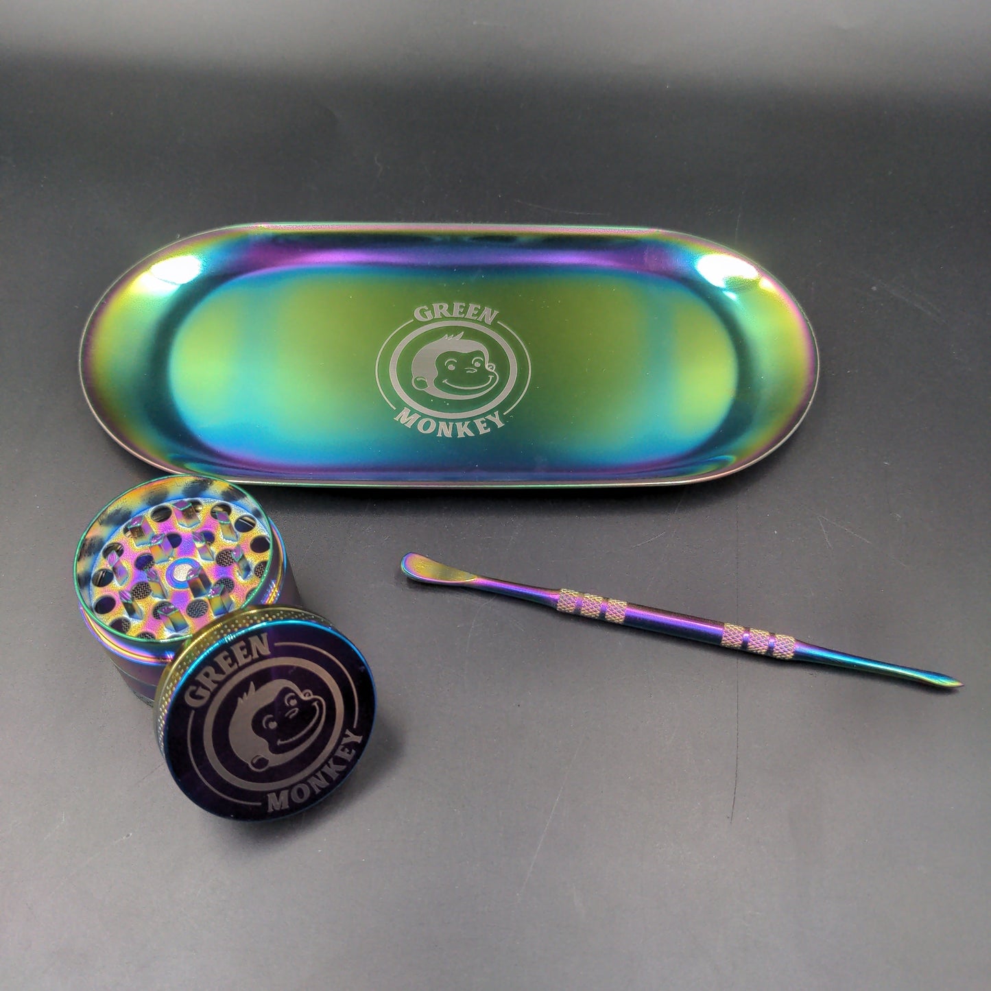Green Monkey Rainbow Finish Rolling Tray & Grinder Kit-Avernic Smoke Shop
