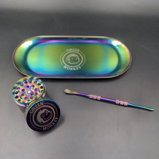 Green Monkey Rainbow Finish Rolling Tray & Grinder Kit-Avernic Smoke Shop