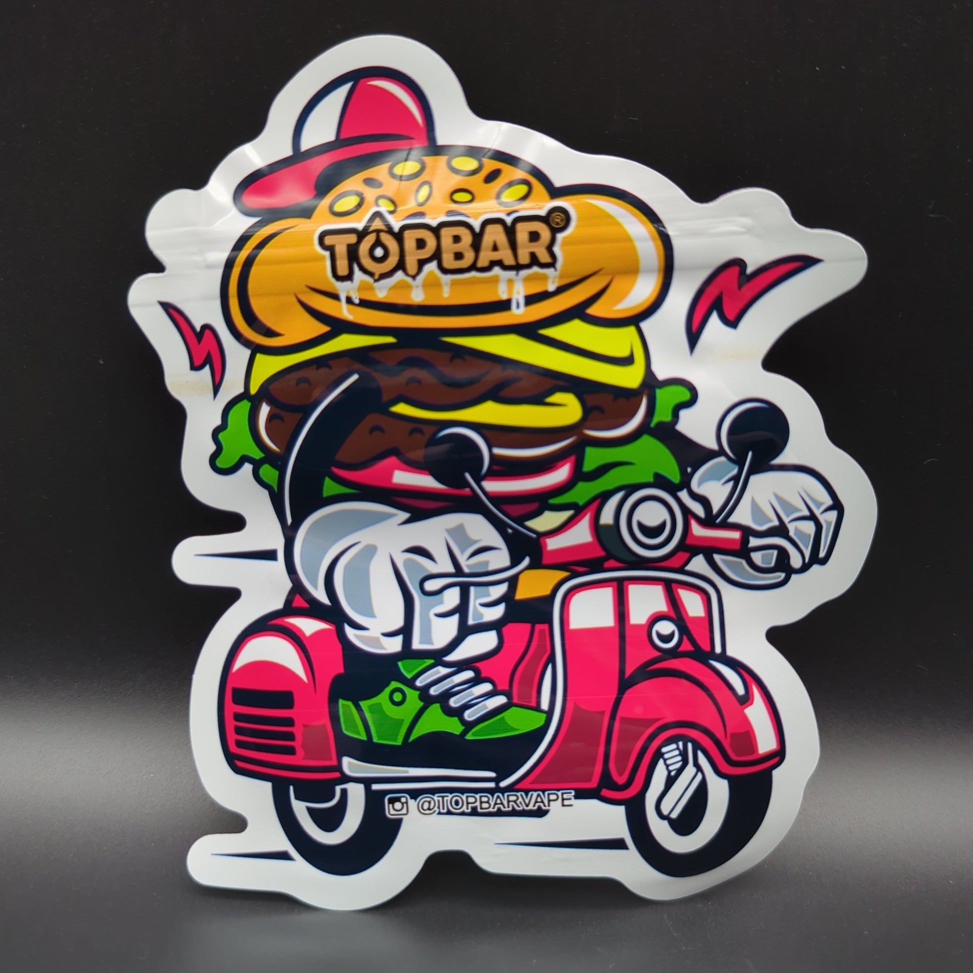 Top Bar 3.5 Gram Mylar bag with Hamburger riding a scooter design